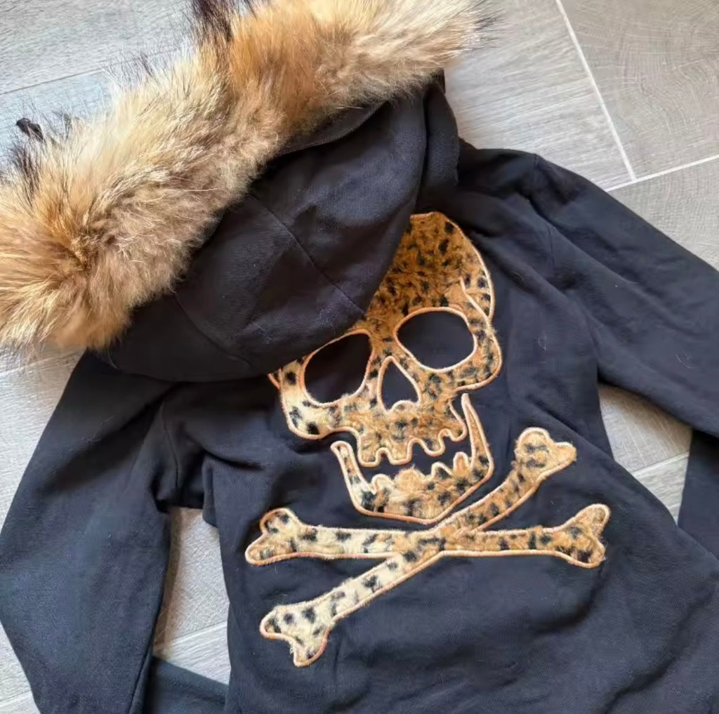 Leopard Skull Fur-Hood Zip Hoodie