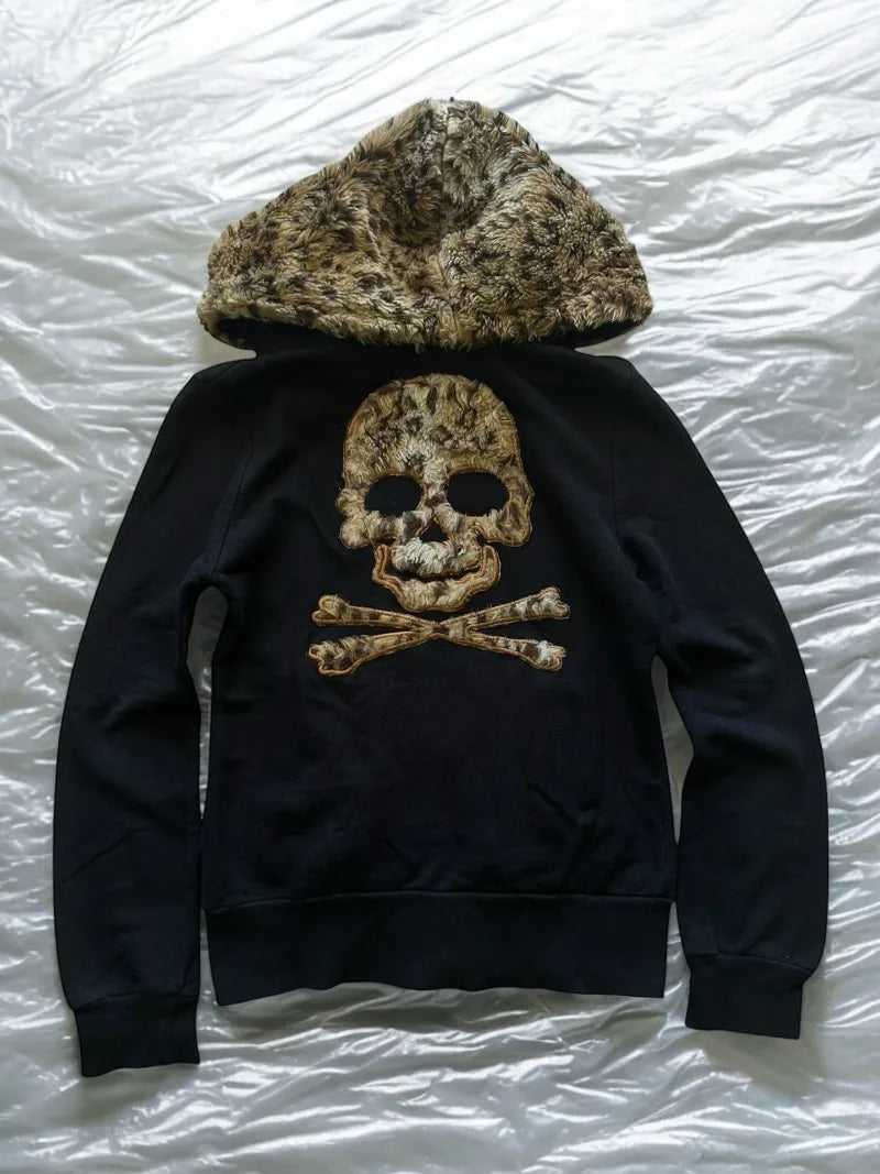 Leopard Skull Fur-Hood Zip Hoodie