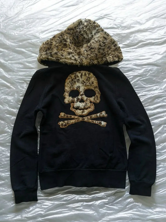 Leopard Skull Fur-Hood Zip Hoodie