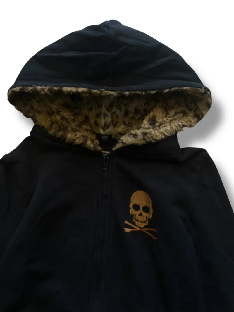 Leopard Skull Fur-Hood Zip Hoodie